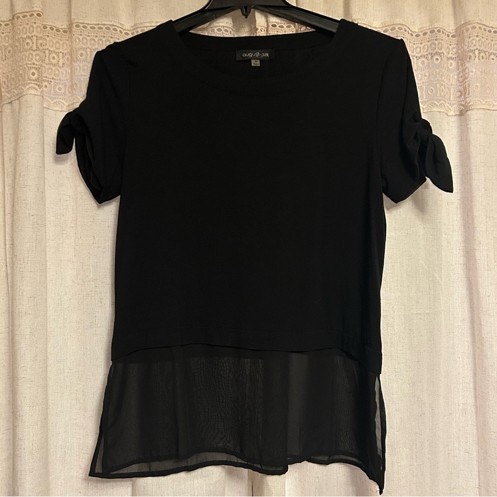 August Silk Black Blouse with Sheer Hem